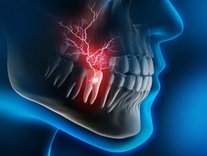 Illustration of tooth pain, with a highlighted tooth and surrounding jaw